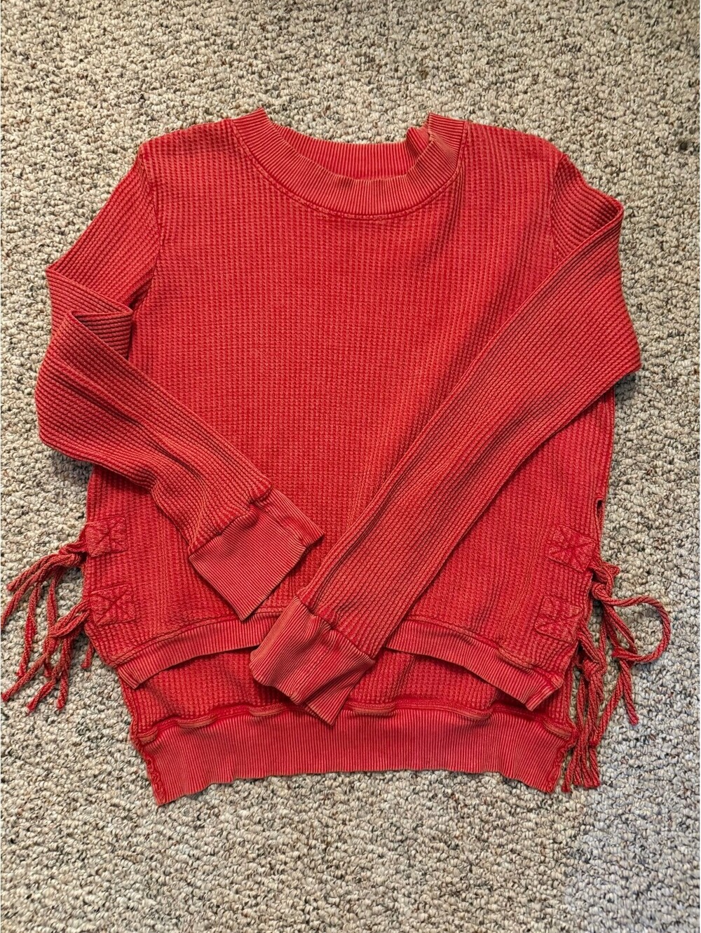 Free people red waffle knit high low long sleeve top